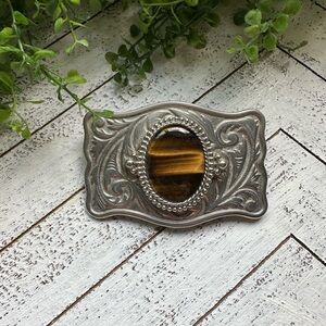 Tiger Eye Gemstone Silver Western Belt Buckle Oval Brown Tan